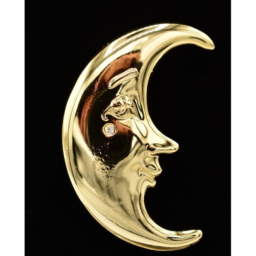 AJC Vintage Moon Pin Brooch Gold Face Crescent Rhinestone NOS Signed 80s BinA11